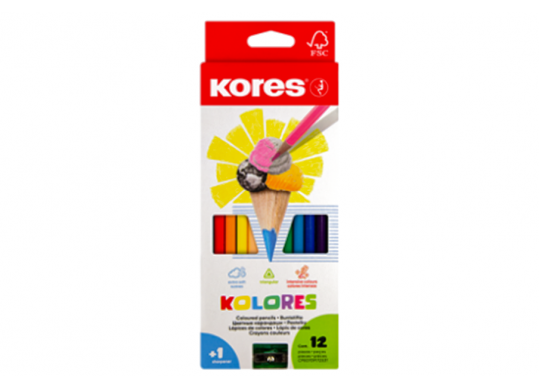 Creioane color Kores 12cul (triunghiulare/+ascutitoare/3mm) K93312