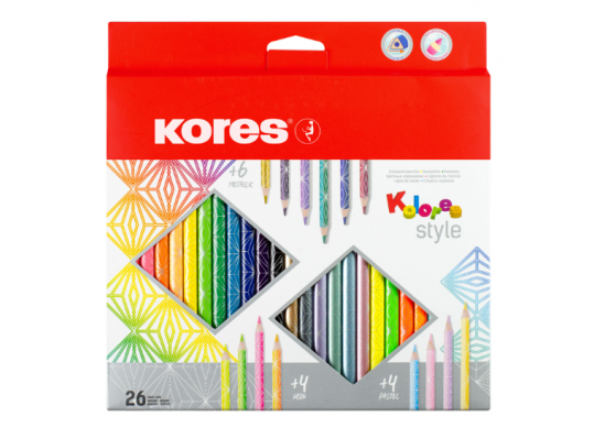 Creioane color Kores 26cul neon+metalic (triunghiulare/3mm) K93320