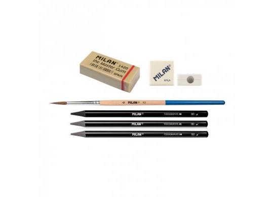 Creion grafit 3buc fara lemn (HB,4B,8B) cutie metal (ascuțitoare+radiera+pensula) 07168103C