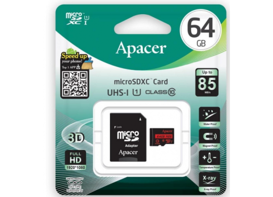 Flash MicroSDHC: 64GB Apacer XC UHS-I U1 Class10 R85 AP64GMCSX10U5-R