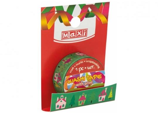 Banda decorativa cu imprimeu 15mm x 2m Casute si brad MX62051