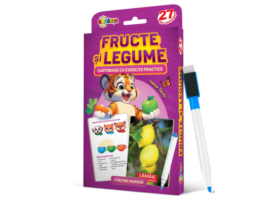 27 de cartonase.Scrie si sterge.Fructe si legume:cartonase cu exerciţii practice PD2778