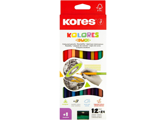 Creioane color Kores 12cul DUO (triunghiulare/+ascutitoare) K93212