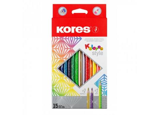 Creioane color Kores 15cul (2cul metalice+1 neon) (triunghiulare/3mm) K93310